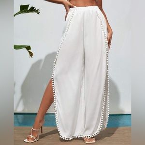 Pom Pom Trim Split Thigh Pants - White